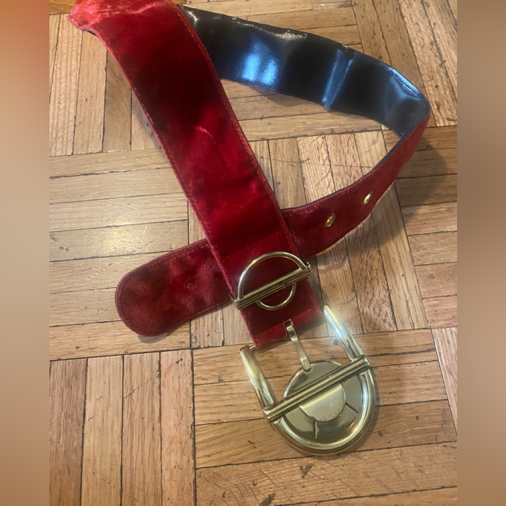 Vintage Authentic Versace red velvet belt with brass heavy buckle.